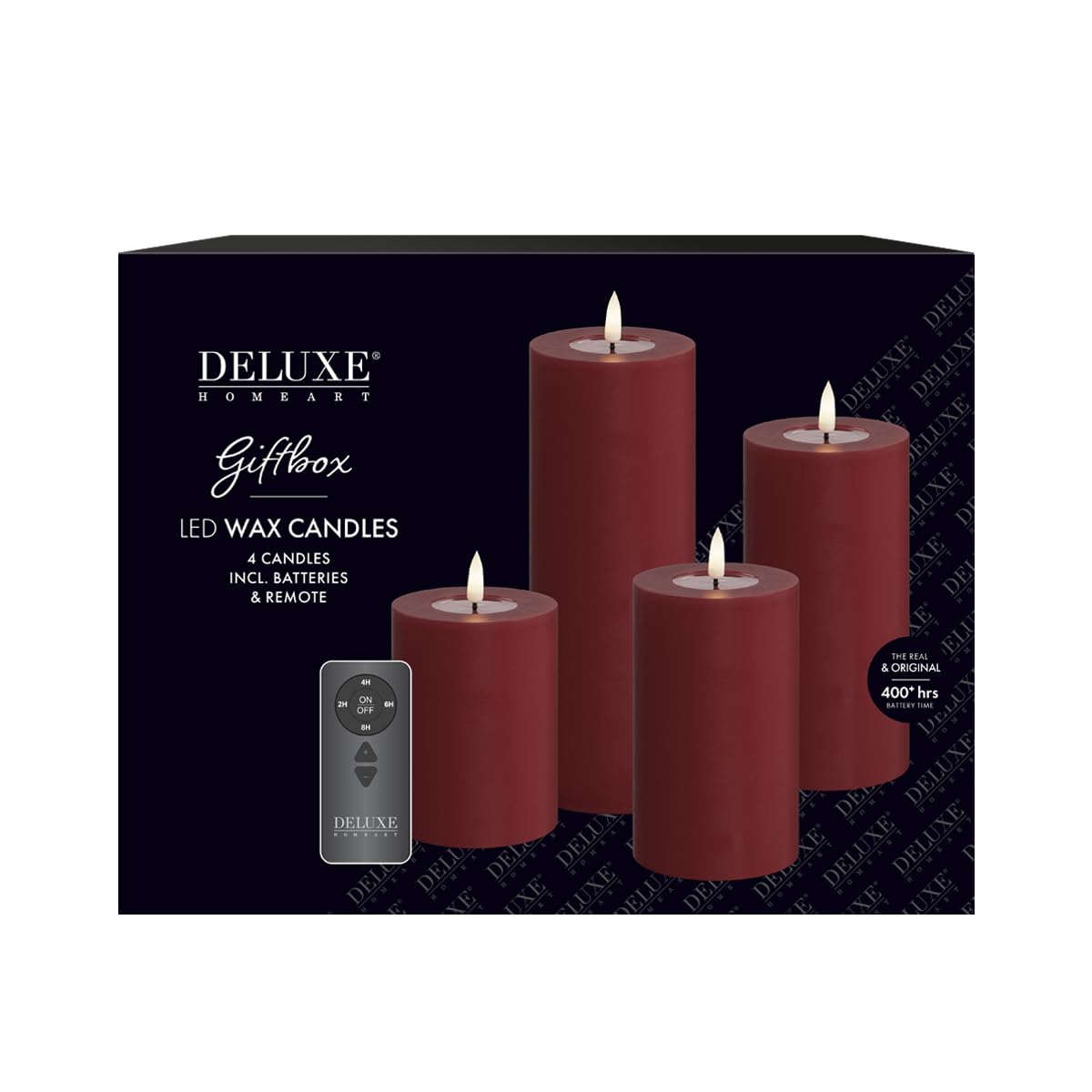 Deluxe Homeart Indoor Flameless LED Giftbox Set of 4 with Remote & Batteries - Real Flameβ’ Technology - Battery Powered Candles (Bordeaux Red)