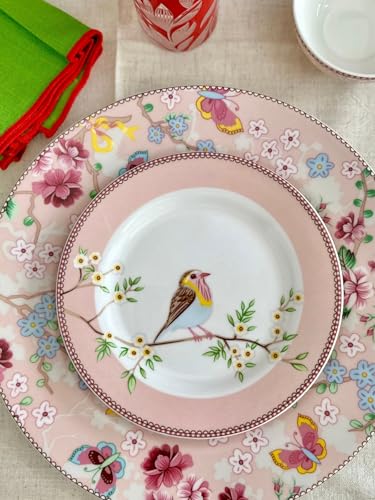 Image of GOLDEN QUEEN'S Snack Plates Set of 4 | Perfect for Snacks, Desserts, Appetizers, Salads, Tapas, Cheese | 7 inches Wide | Microwave Safe (Birdie in Pink)
