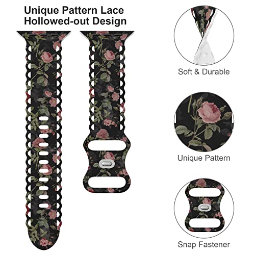 Image of Compatible with Apple Watch Band 41mm 40mm 38mm 49mm 45mm 44mm 42mm Women Girl, Rose Floral Print Lace Hollow-out Soft Silicone Sport Bands For iWatch Ultra SE Series 10 9 8 7 6 5 4 3 2, RosR-38