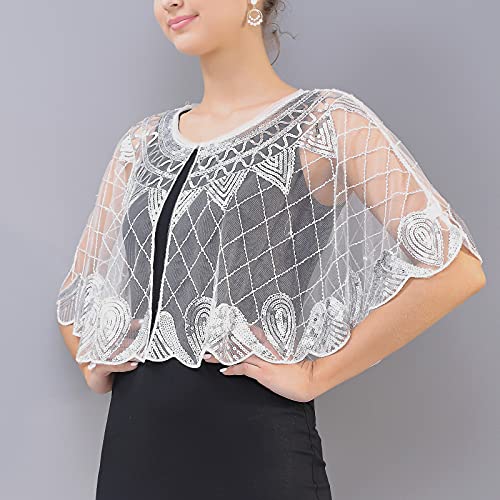 Whitewed 1920S Mesh Sequin Beaded Capelet Shawl Cape Gatsby Era Inspired Clothing4