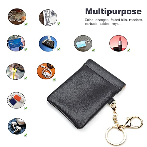 VOFOON Leather Squeeze Coin Purse with Keychain Small Change Holder Slim Wallet Pouch Card Holder For Women & Men (Black)2