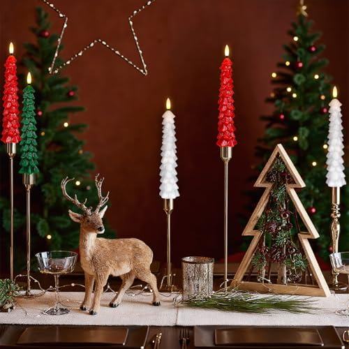 Image of Christmas Tree Candles Battery Operated with Remote, Waxy White Christmas Flameless Tree Taper Candles with Flickering Flame, Set of 3 Winter LED Candlesticks for Xmas Home Decor(0.78 inchx9.8 inch)
