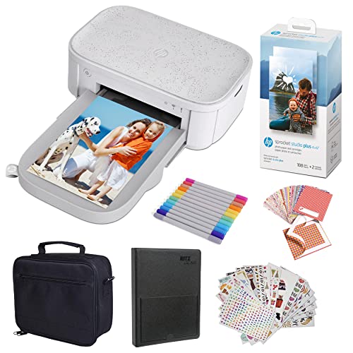 HP Sprocket Studio Plus 4x6” Natychmiastowa drukarka fotograficzna — pakiet: album fotograficzny, markery, papier fotograficzny i naklejki.