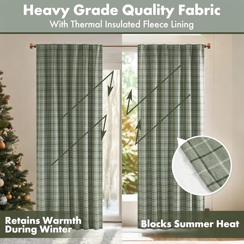 Image of Madison Park Anaheim Cabin Plaid Curtain Window, Thermal Insulated Fleece Lining, Living Room Decor Room Darkening Drape for Bedroom, 1-Single Panel Pack, 50x95, Rod Pocket & Back Tab, Green