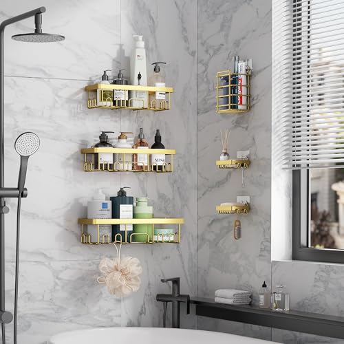 Veken Adhesive Shower Caddy 6-Pack,Gifts for Women Mom,Heavy Weight Bearing,Large Wall Mounted Bathroom Shelves Rack,Organizer Storage Accessories with Soap Dish&Toothbrush Holder,Bright Gold