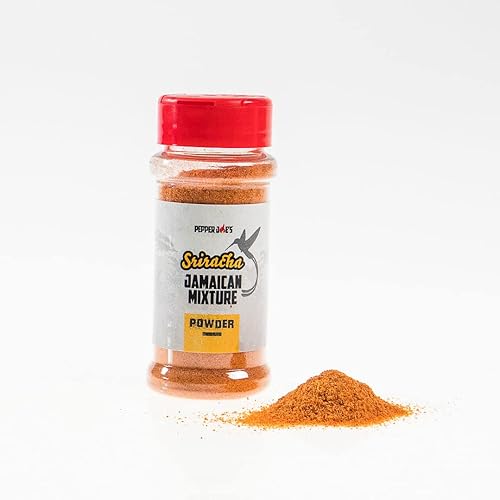 Pepper Joe's Polvo de sriracha jamaicano caliente, tarro agitador de 2 onzas, condimento seco de sriracha frotado con ají Scotch Bonnet - Finamente