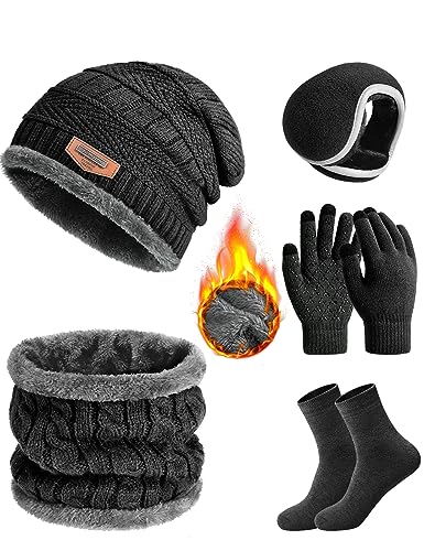 Vijamiy Set de Bufanda Gorro y Guantes Gorro de Forro Polar de Invierno Bufanda Punto Guantes de Pantalla Táctil Orejeras de Cálida Calcetines Viene con Caja de Regalo(Negro)