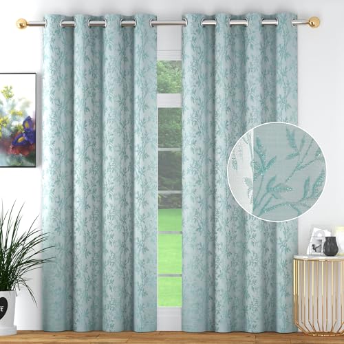Image of FRESH FROM LOOM Heavy Jari Jacquard Premium Luxury Ring Top Floral Curtain 9 Feet Long Doors | Semi Blackout | Double Stitched | Light Blocking 80% Light Control Parda (9ft, Aqua, 2pc)