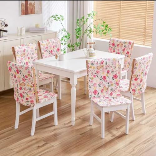 Image of HOMETHREADS Floral Quilted Cotton Chair Cover - Soft, Comfortable Dining Chair Seat Protector with Non-Slip Backing & Strong Elastic Strap for Snug Fit (Cream Pink, Pack of 6)