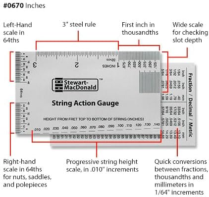 A diagram showing the various features and precise markings on the StewMac String Action Gauge.