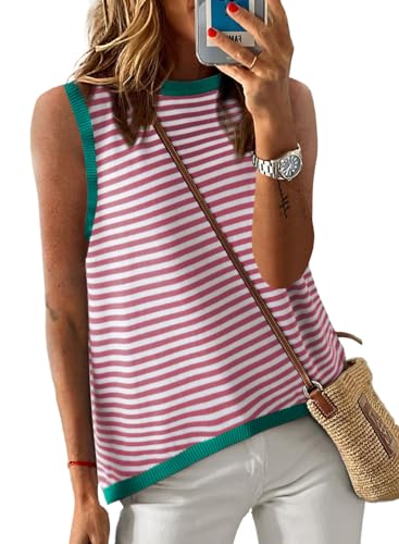 Image of Dokotoo Womens Summer Tops 2026 Casual Striped Color Block High Neck Tank Top Loose Knit High Low Sleeveless Shirts Blouses