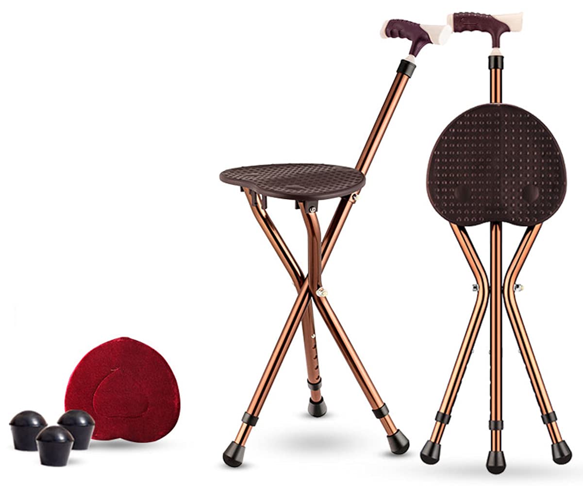 Bastone Da Passeggi Sedia, Ultraleggero Portatile Bastone Con Seggiolino, Manico Forma A T Antiscivolo Stabile Aiuto Alla Mobilità Regolabile Altezza Bastone Tripode,Marrone