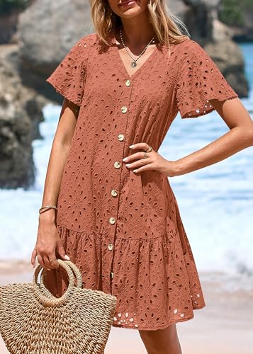 Image of KIRUNDO Eyelet Dresses for Women Button Down Mini Babydoll | 2026 Summer Short Sleeve Boho Sundress, Loose Fit V Neck Short Dress With Pockets, A Line, Cruise Beach Vacation Outfits