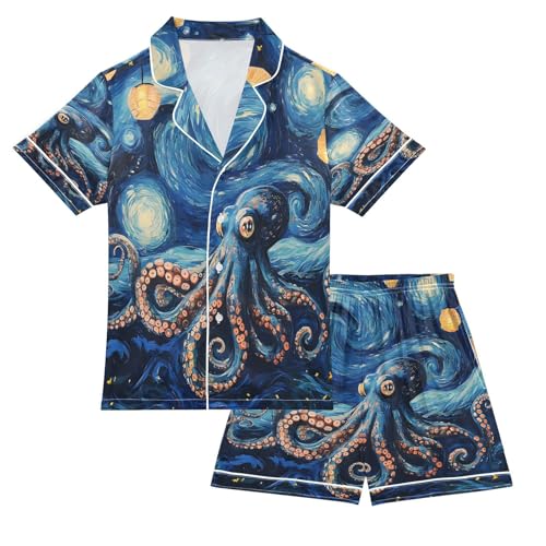 ALAZA Blue Octopus Fish Van Gogh Satin Pajamas Set Short Sleeve Button Down Sleepwear Summer Pjs 2 Piece