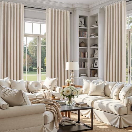 Image of White 100% Blackout Linen Curtains for Bedroom 126 Inches Long Back Tab Thermal Insulated Country Farmhouse Decor Black Out Curtain for Living Room Floor to Ceiling High Window 52x126,2 Panels