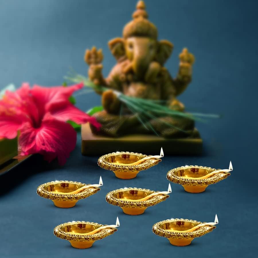 Decorative Brass Pooja Diya Oil Lamp for Hindu Prayer Aarti Mandir Temple Home Decor. Pack of 3