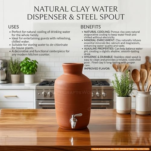 Image of Terracotta Clay Water Dispenser with Tap and Lid - Mitti Ka Ghada for Water Cooling, Eco Friendly Earthen Pot, Traditional Home Kitchen Drinkware Storage Container (5 Liters)