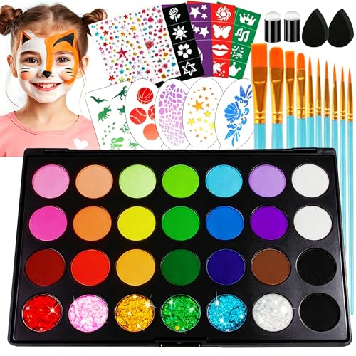 Face Painting Kit for Kids 28 Colors Water Based Non Toxic Face Paint Kit Professional Face Paint 6 colors Glitter Gel Hypoallergenic with Brushes Stencils Gems Sponges Safe for Halloween Party