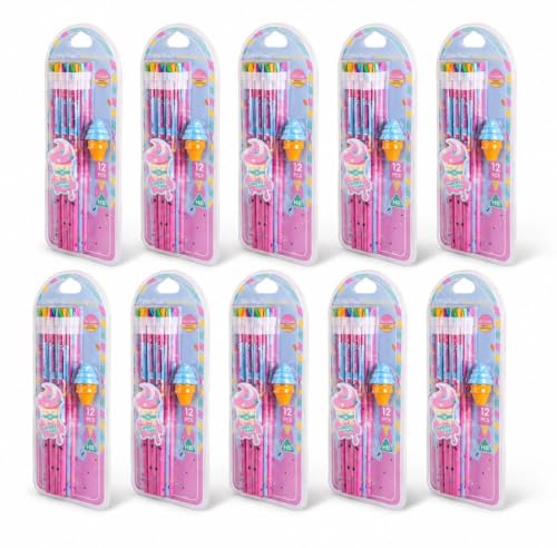 Image of Pack of 10 Packet HB Pencils Set with Cute Ice Cream Erasers - Cartoon Theme Colourful School Pencils for Girls, Boys, Kids, Drawing, Homework, Birthday Return Gifts, Stationery Kit