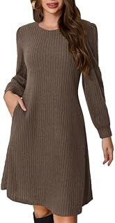 Ritiriko Damen Strickkleid Puff Langarm Pullover Kleid Für Herbst Winter Runden Hals Casual Kleid