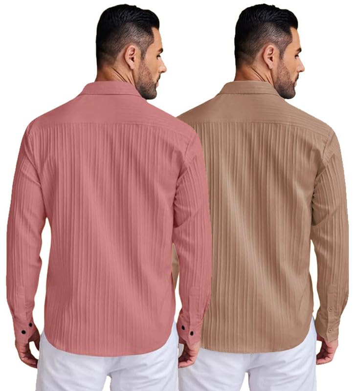 Image of DEELMO Combo of Men's Casual Button Down Shirts Long Sleeve Linen Shirt Fashion Textured Summer Shirts Pack of 2