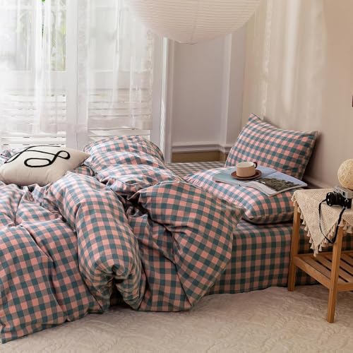 Image of mixinni Plaid Duvet Cover Set Queen Purple - Soft Washed Cotton Modern Geometric Bedding Set with 2 Pillowcases, Pink Blue Gingham Grid Queen Duvet Cover for Men & Women, Soft & Lightweight
