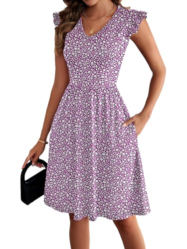 Image of HELYO Women's Summer Dresses Cute V Neck Ruffle Sleeve Cocktail Short Work Casual Dress with Pockets 648