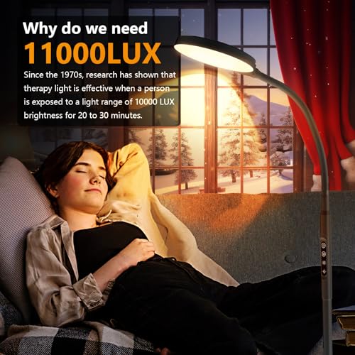 Light-Therapy-Lamp-3-in-1-Happy-Therapy-Floor-Lighting-11000-Lux-Full-Spectrum-Therapy-Lamps-UV-Free-LED-Sunlight-10-Brightness5-ColorGooseneckHeight-Adjustable-With-Remote-Timer-Control-Black