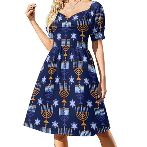 JYYAU Happy Hanukkah Jewish Chanukah Holiday Women's Dress V-Neck Casual Short Sleeve Loose Dresses Party Dresses Multicolored