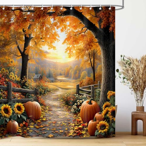 MDDGKH Fall Shower Curtains for Bathroom, Pathway in The Woods Autumn Tree Pumpkin Harvest...