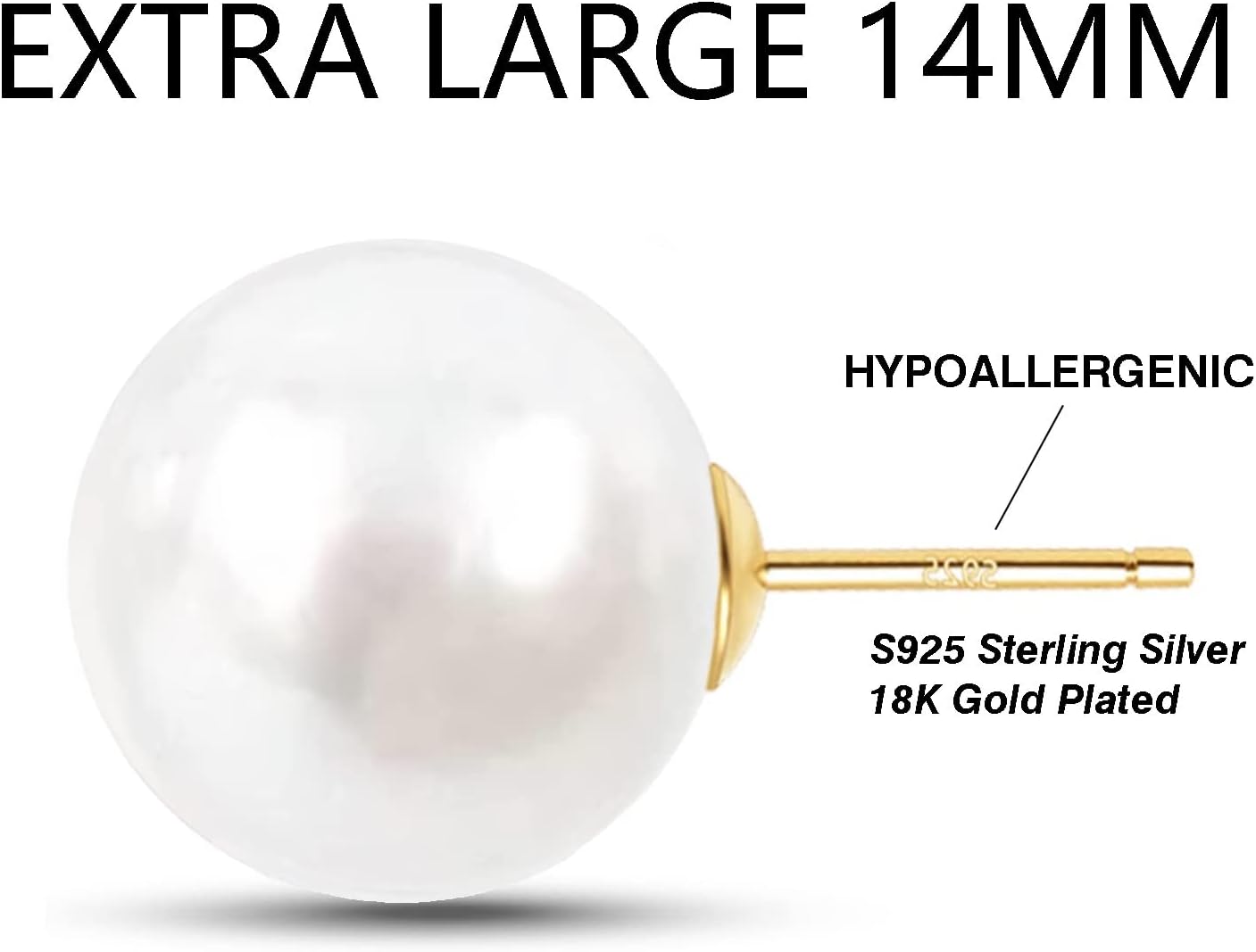 Big Simulated Pearl Earrings -18K Gold Plated Sterling Silver Oversized Faux Round Large Pearl Studs for Women,Hypoallergenic to Sensitive Ears - Image 3