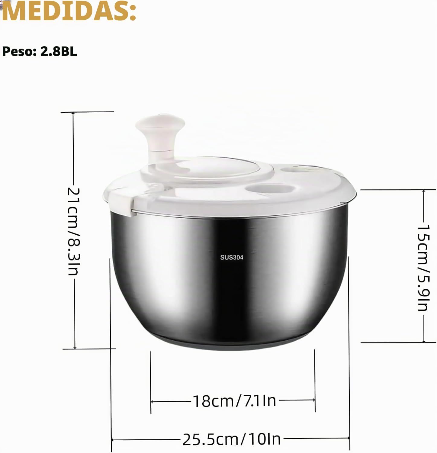 Genérico Centrifugadora de Ensalada Inoxidable 6L – Mejor Spinner de Verduras, Lavador de Frutas & Deshidratador, Manual BPA-Free para Cocina Doméstica o Comercial,Stainless Steel 6L