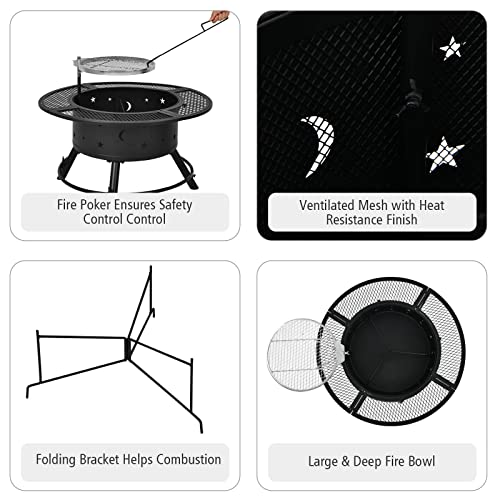 Giantex 2-In-1 Fire Pit With Cooking Grate, 32 Inch Charcoal & Wood Burning Firepit With Swivel Adjustable Bbq Grill & 6.5'' Round Edge Widened Grate, Outdoor Firepit Grill Combo #TOP3
