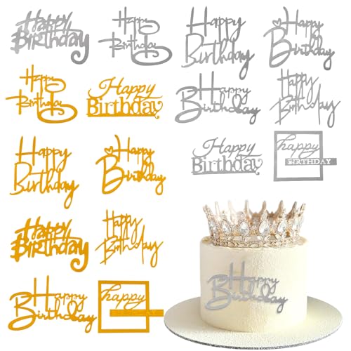 16 peças espelho decorações laterais para bolos acessórios, decoração bolo lateral inserido par festa, Happy Birthday decoração de bolo espelho para madalenas, gelado, sobremesas Donuts, Muffins