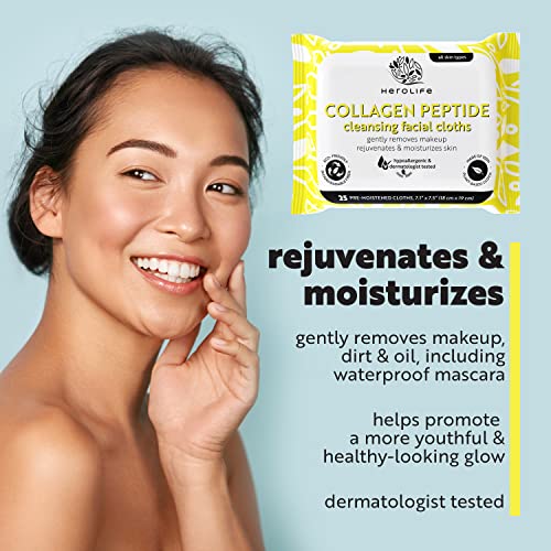 Herolife Large Collagen Peptide Makeup Remover Cleansing Facial Cloths, Plant-Based, Biodegradable, Pre-Moistened Cloths, Hypoallergenic, Formulated With Plant-Derived Ingredients (4 Packs Of 25 = 100 Thick, 7.1” X 7.5” Large Size Wet Wipes) #TOP1