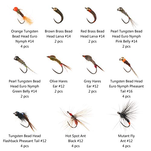 Bassdash Fliegenfischen Fliegen Set Forellenbarschangeln mit Fliegenbox, 36/64/72/76/80 / 96Stk. Mit Trockenfliegen/Nassfliegen, Nymphen, Streamers, Popper