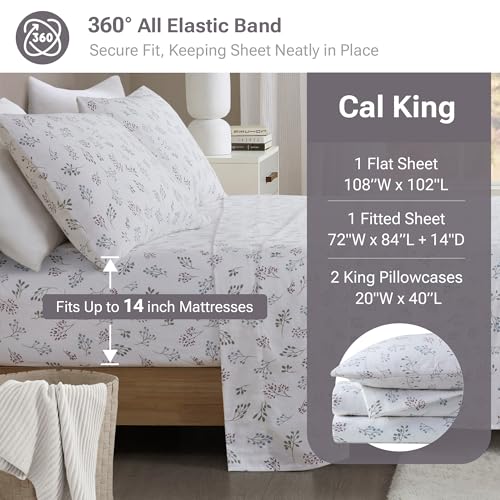 Image of True North by Sleep Philosophy Flannel Sheets Cal King, Cozy 100% Cotton Flannel Bed Sheets, Ultra Soft Sheet Set, Novelty Print Themed Cold Weather Warm Bedding Set, White Tossed Botanical, 4 Piece
