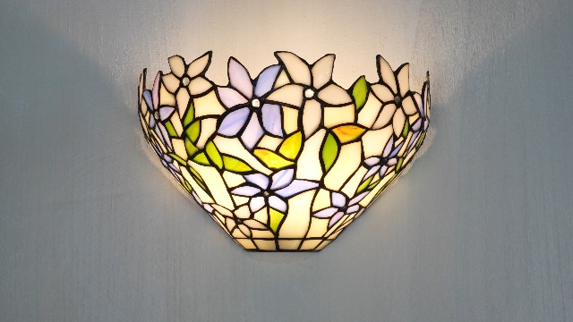 Image of Purple Flower Tiffany Style Wall Sconce, Classy Stained Glass Wall Light, Decorative 12 Inches Wall Light Fixtures for Hallway Stairway Bedroom (A)
