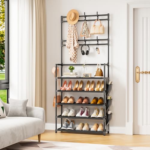 Shoe Rack 5 Tier Shoe Organizer Storage 15-20 Pairs Shoes Rack for Closet Entrance Shoe Rack Organizer with Hooks and Side Pocket Entryway Shoe Holder Space Saving Free Standing Shoe Racks