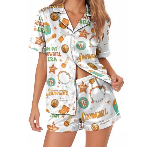 ELUNORUS Womens Soft Silky Satin Pajamas Set Button Down Cooling Loungewear 2 Pcs Sleep Short Pajamas for Mom and Grandma Snake singer Star Large
