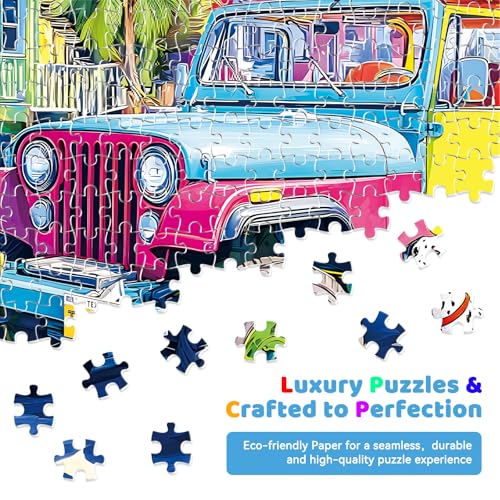Rompecabezas de 500 piezas para adultos – Escena tropical de playa con jeep colorido, tablas de surf y isla, perro dálmata, paisaje costero veraniego, 51,8 x 38,1 cm miniatura 3