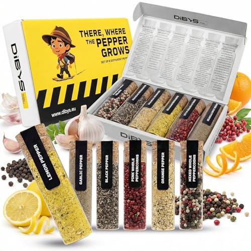 DIBYS Conjunto de presente de pimenta | 6 variações requintadas de pimenta em tubos de ensaio com receitas incluídas, mistura de pimenta emocionante e diversificada | presente para cozinheiros fãs