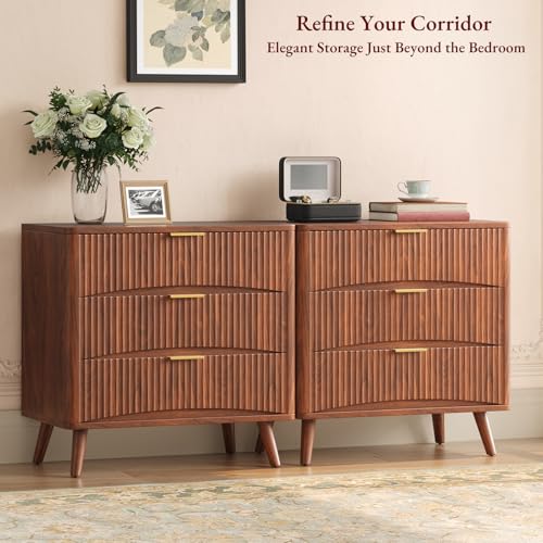 Image of Evermagin 31.5 inch W Larged Fluted Nightstand, Mid Century Modern 3 Drawer Night Stand, Small Wood Dresser for Bedroom, Wide Oversized Bedside Table, Walnut