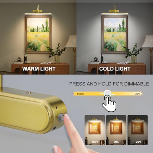 Image of RAIFOOLLY Picture Light,Wireless Art Lights for Paintings,15.9 inch Battery Operated Wall Lights,Remote Accent Lighting with Timer and Dimmable for Frame,Portrait,Dartboard-Brass