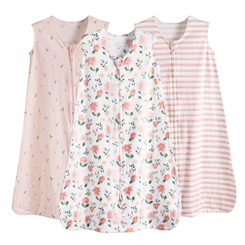 Image of PHF Soft Baby Sleep Sack 6-12 Months 100% Organic Cotton Wearable Blanket, 2-Way Zipper 0.5 TOG Toddler Sleeping Sack 3 Pack, Comfy Sleep Bag for Baby Girls, Pink Floral (Medium)
