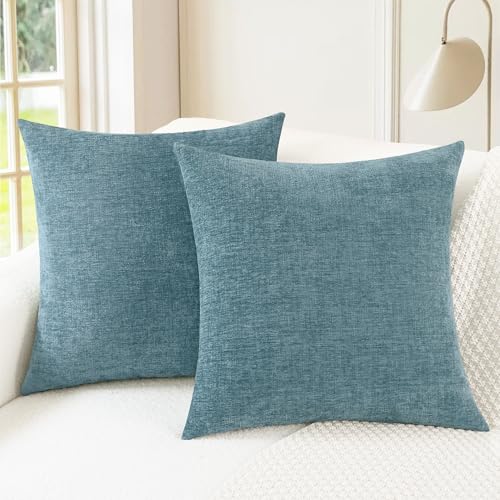 Image of CaliTime Pack of 2 Cozy Throw Pillow Covers Cases for Couch Sofa Home Decoration Solid Dyed Soft Chenille 12 X 12 Inches Smoke Blue