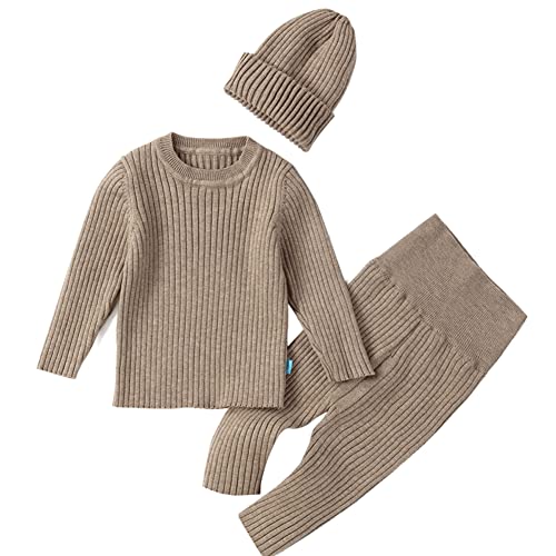 Image of Teach Leanbh Baby Boys Girls Sweater Set Ribbed Elastic Knit Clothes Outfit Set Solid Tops High Waist Pants Hat