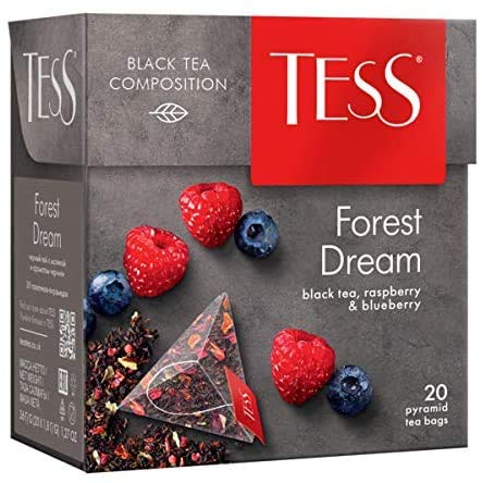 Tess Forest Dream Black Tea Composition Raspberry and Blueberry Leaf Tea in 20 Pyramid Sachets