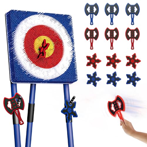Axt Wurfspiel für Hinterhof, Axt Wurfziel-Set Spiele mit 6 Wurfäxten & 6 Dartborsten Ziel, Outdoor Indoor Yard Spiel für Erwachsene Jugendliche Kinder Aktivität Karneval Spiele (Blau, L)