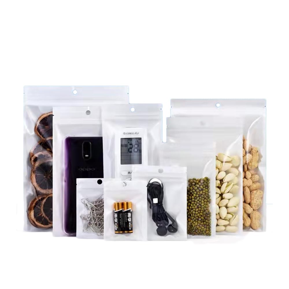 100 sacchetti in plastica bianca trasparente con chiusura lampo con foro per appendere, tacca a strappo, riutilizzabili, richiudibili, regalo, sacchetti per imballaggio per alimenti, 24 x 36 cm,Altro